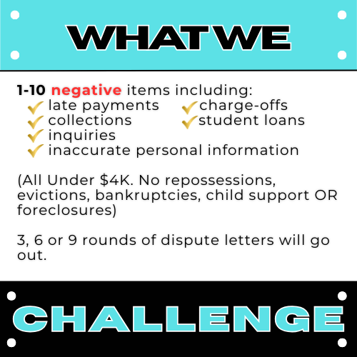 Text list of negative items affecting credit scores with a blue and black background.