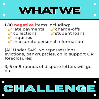 Text list of negative items affecting credit scores with a blue and black background.