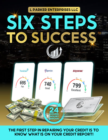 Promotional image for 'Six Steps to Success', featuring graphics of smartphones with credit scores displayed, alongside a stack of money and a credit card, against a cityscape background.