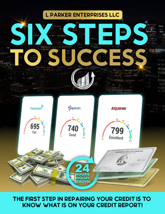 Promotional image for 'Six Steps to Success', featuring graphics of smartphones with credit scores displayed, alongside a stack of money and a credit card, against a cityscape background.